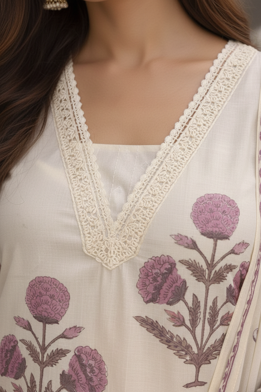 Women’s Hand Block Print Cotton Kurti Set with Dupatta | Floral Printed Kurta Pant Set | Ethnic Wear for Daily & Festive