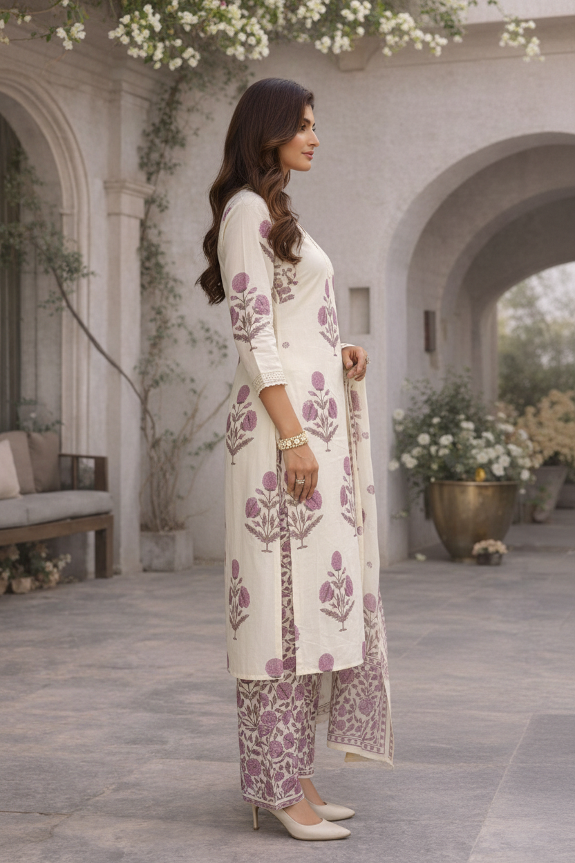 Women’s Hand Block Print Cotton Kurti Set with Dupatta | Floral Printed Kurta Pant Set | Ethnic Wear for Daily & Festive