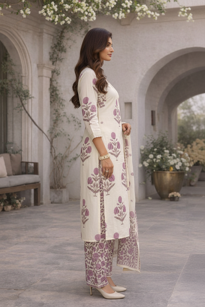 Women’s Hand Block Print Cotton Kurti Set with Dupatta | Floral Printed Kurta Pant Set | Ethnic Wear for Daily & Festive