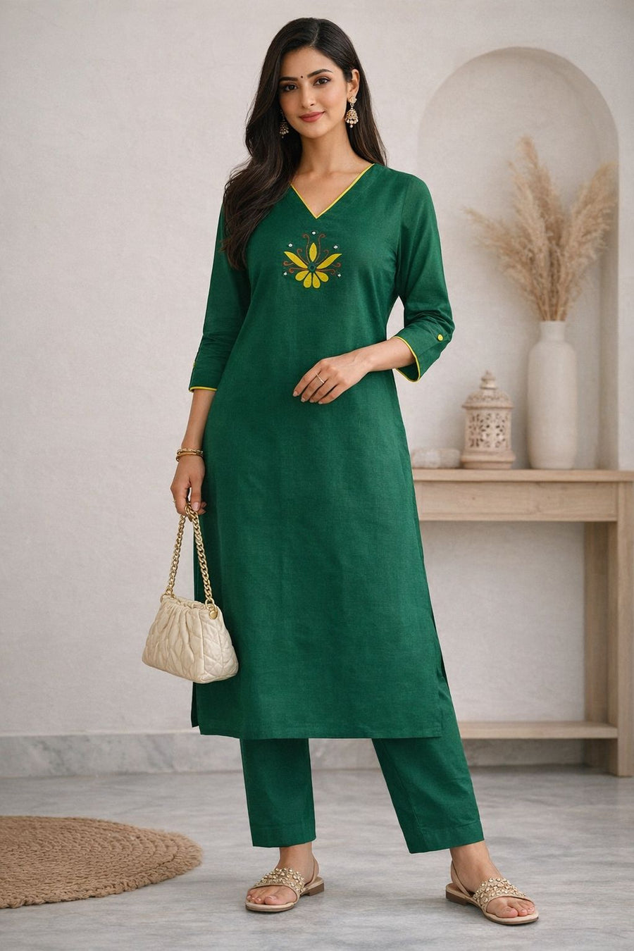 Women’s Solid Green Cotton Kurti Pant Set | Embroidered Neck Straight Kurta Set for Women | Elegant Ethnic Daily Wear Suit Set