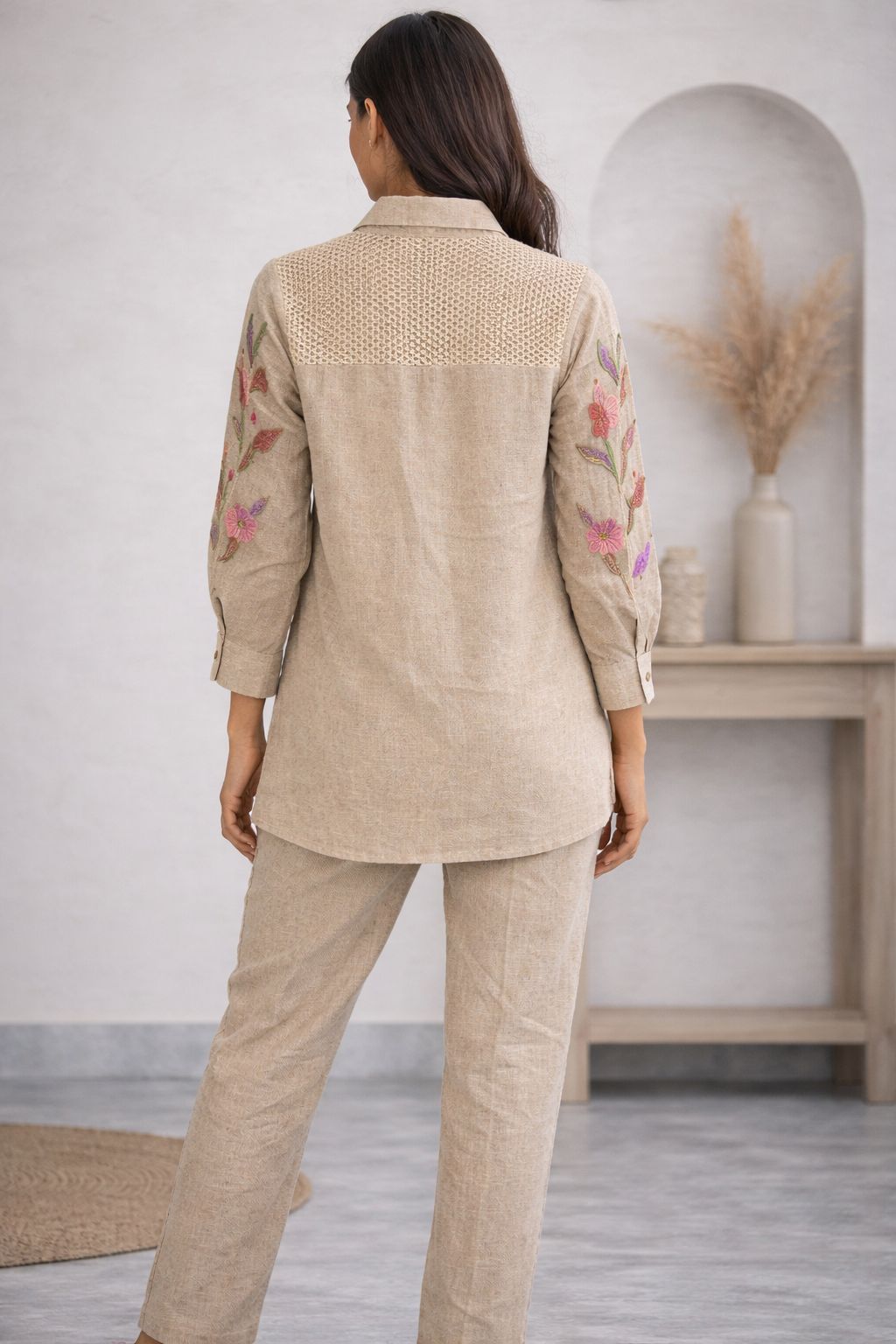 Women’s Jute Fabric Co-Ord Set | Beige Embroidered Shirt & Pant Set | Natural Textured Summer Co-Ord Outfit for Women