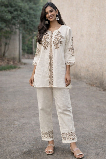 Women Cotton Co-Ord Set – Embroidered Kurta Pant Set | Elegant Ethnic Coord Set | Soft Breathable Lounge Wear | Natural Fab