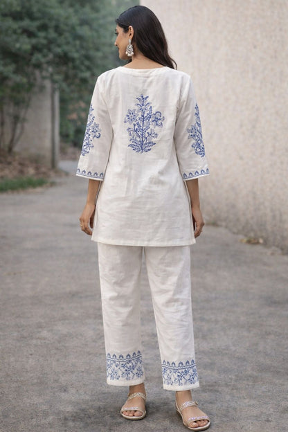 Women Cotton Co-Ord Set – Blue Embroidered Kurta Pant Set | Ethnic Coord Set | Soft Breathable Daily Wear | Natural Fab