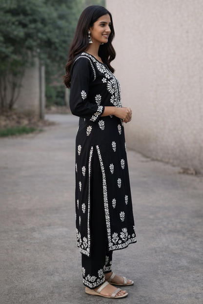 Rayon Black Chikankari Cotton Kurti Set for Women | Handcrafted Embroidered Kurta with Pants | Ethnic Wear for Casual & Festive