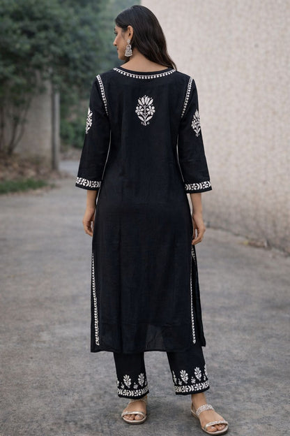 Rayon Black Chikankari Cotton Kurti Set for Women | Handcrafted Embroidered Kurta with Pants | Ethnic Wear for Casual & Festive