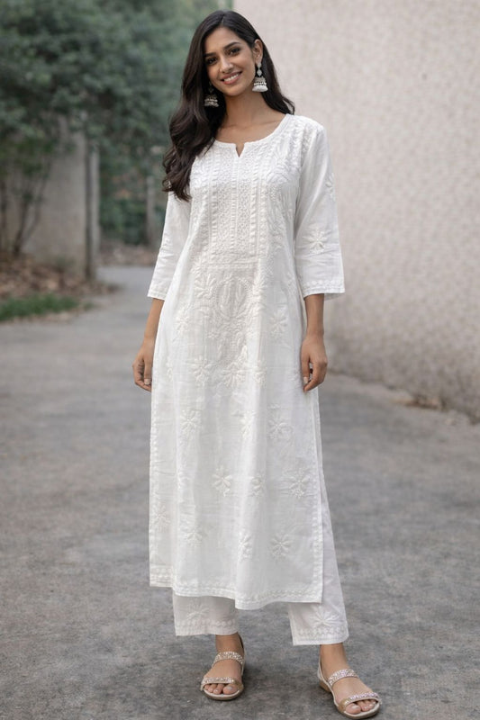 White Cotton Chikankari Kurti for Women | Hand Embroidered Straight Kurta | Elegant Ethnic & Summer Wear