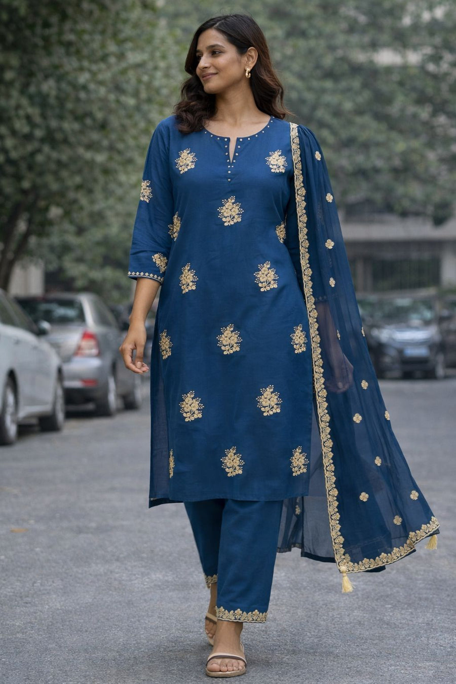 Women’s Cotton Kurta Pant Dupatta Set | Embroidered Straight Kurti with Pants & Chiffon Dupatta | Elegant Ethnic Wear for Festive & Daily Use