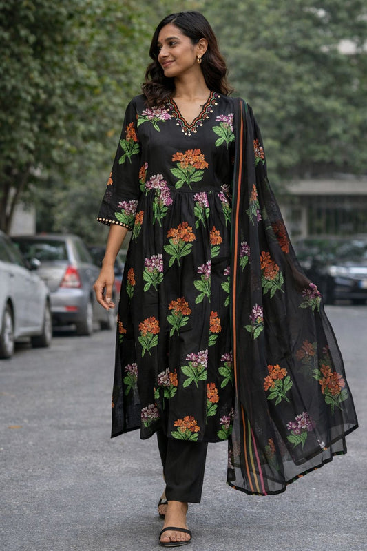 Women’s Pure Cotton Floral Printed Kurti Pant Dupatta Set | Ethnic A-Line Kurta with Straight Pants & Chiffon Dupatta | Summer Wear Kurti Set