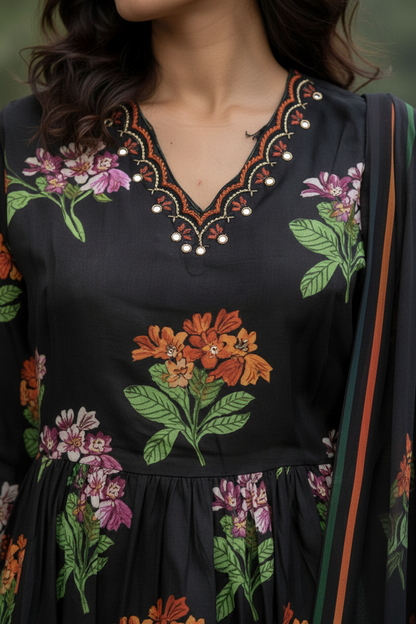 Women’s Pure Cotton Floral Printed Kurti Pant Dupatta Set | Ethnic A-Line Kurta with Straight Pants & Chiffon Dupatta | Summer Wear Kurti Set