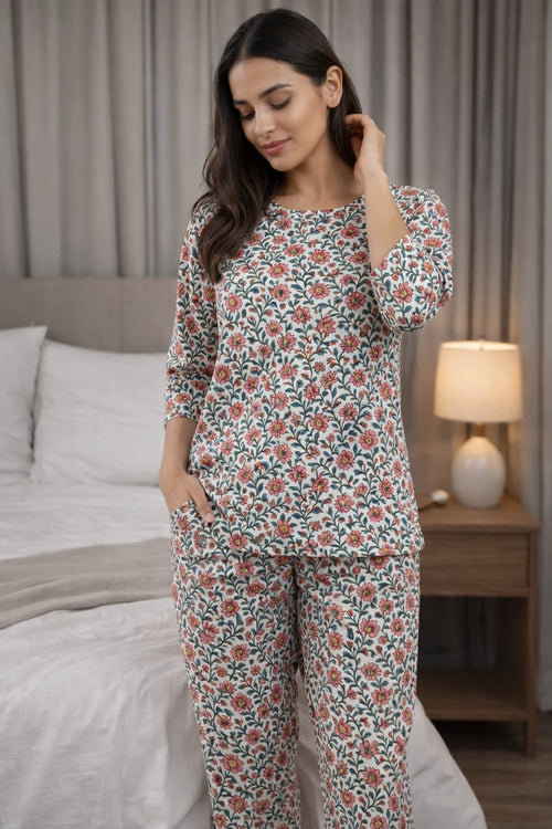 Women’s Pure Cotton Night Suit Set | Floral Printed Top & Pajama Set | Soft Breathable Sleepwear for Comfortable Night & Lounge Wear