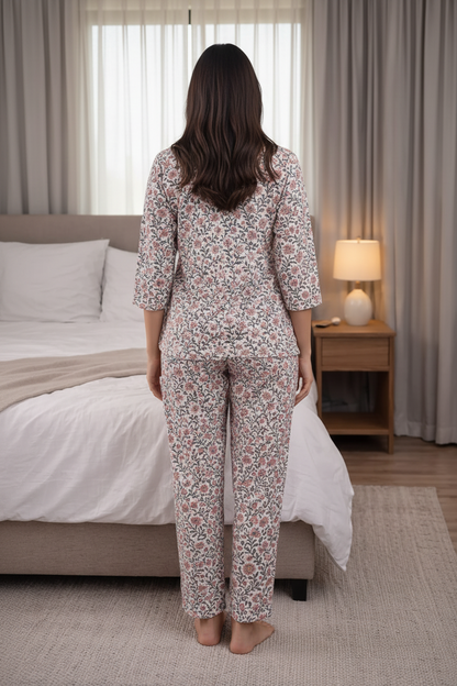 Women’s Pure Cotton Night Suit Set | Floral Printed Top & Pajama Set | Soft Breathable Sleepwear for Comfortable Night & Lounge Wear