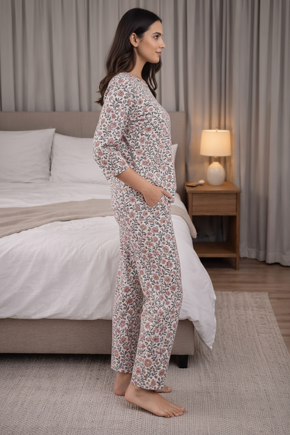 Women’s Pure Cotton Night Suit Set | Floral Printed Top & Pajama Set | Soft Breathable Sleepwear for Comfortable Night & Lounge Wear