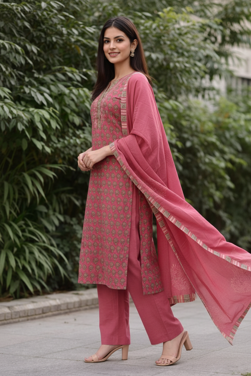 Women’s Pure Cotton Kurti Set with Dupatta – Printed Straight Kurta Pant Set | Ethnic Wear for Daily, Office & Festive Use