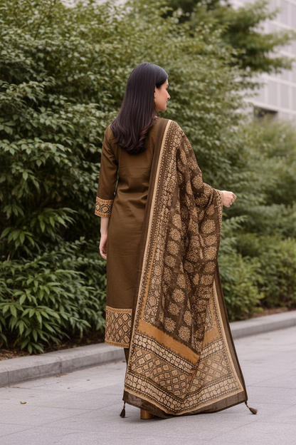 Women’s Pure Cotton Kurti Set with Printed Dupatta – Straight Kurta Pant Set | Ethnic Wear for Office, Festive & Daily Use