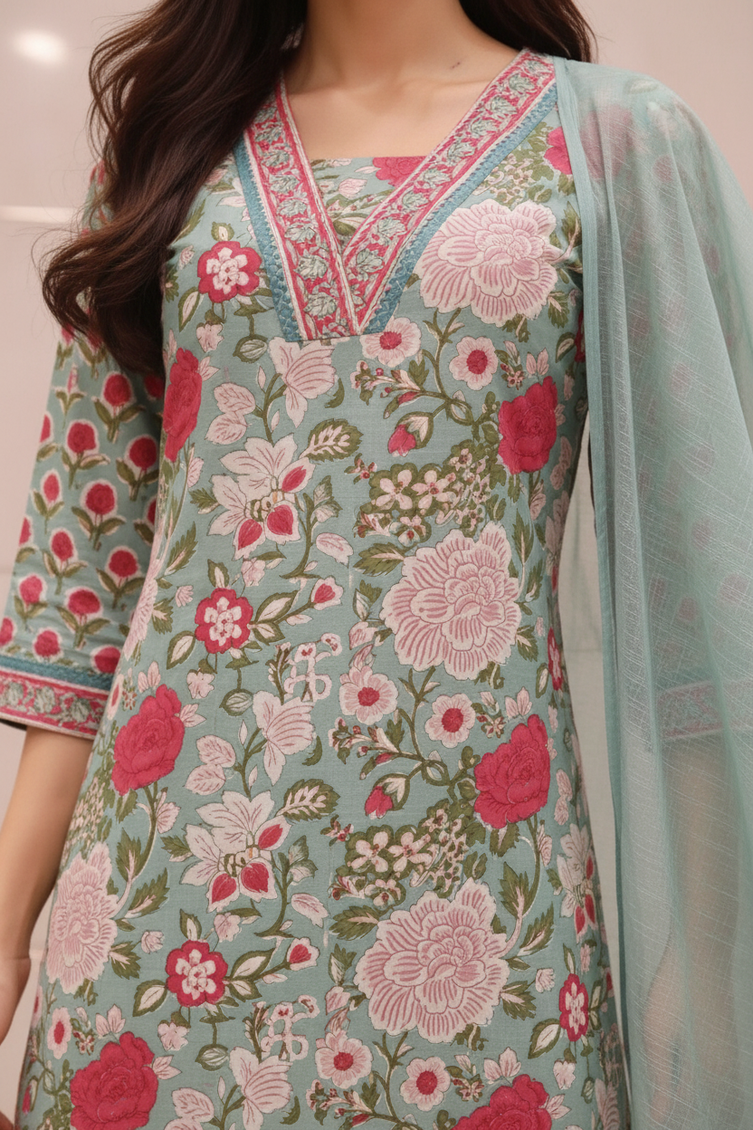 Women’s Pure Cotton Floral Printed Kurti Set with Dupatta | Soft Breathable Ethnic Suit for Summer | Casual, Office & Festive Wear