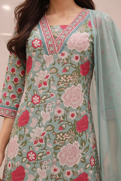 Women’s Pure Cotton Floral Printed Kurti Set with Dupatta | Soft Breathable Ethnic Suit for Summer | Casual, Office & Festive Wear
