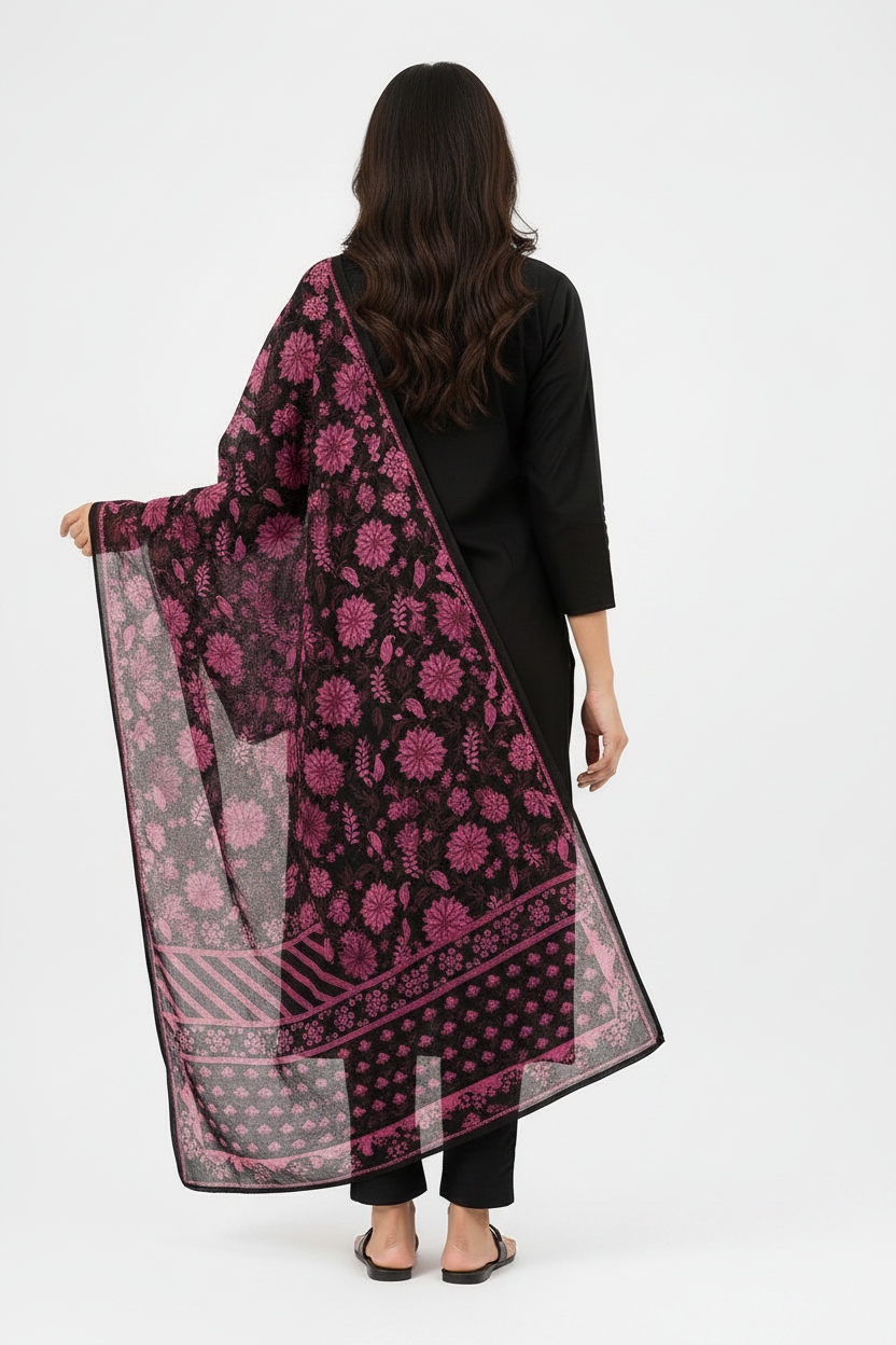 Women Black Cotton Kurti Set with Dupatta | Embroidered Ethnic Kurta Pant Set | Floral Design Straight Fit Kurti for Daily & Festive Wear