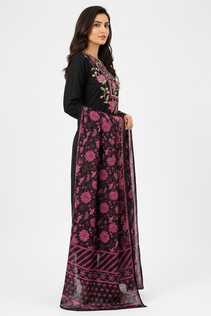 Women Black Cotton Kurti Set with Dupatta | Embroidered Ethnic Kurta Pant Set | Floral Design Straight Fit Kurti for Daily & Festive Wear