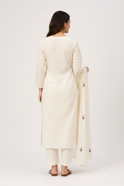 Women Off-White Khadi Cotton Kurti Set with Dupatta | Embroidered Ethnic Kurta Pant Set | Straight Fit Summer Wear for Casual & Festive