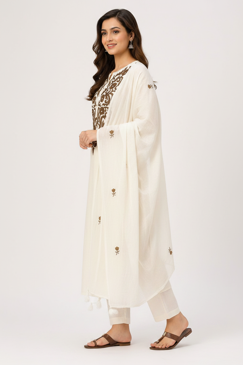 Women Off-White Khadi Cotton Kurti Set with Dupatta | Embroidered Ethnic Kurta Pant Set | Straight Fit Summer Wear for Casual & Festive