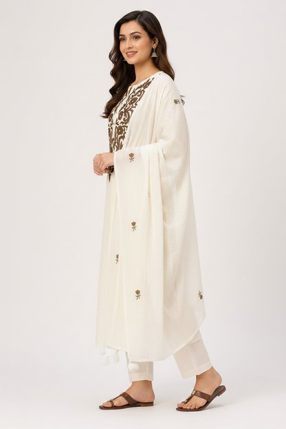 Women Off-White Khadi Cotton Kurti Set with Dupatta | Embroidered Ethnic Kurta Pant Set | Straight Fit Summer Wear for Casual & Festive