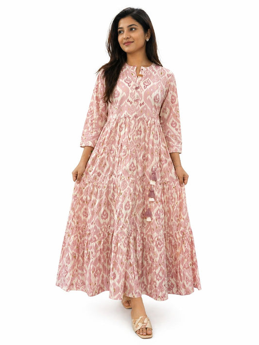 Women Pink Cotton Dress | Soft Breathable Summer Maxi Dress | Ethnic Casual Wear with Tassel Detail