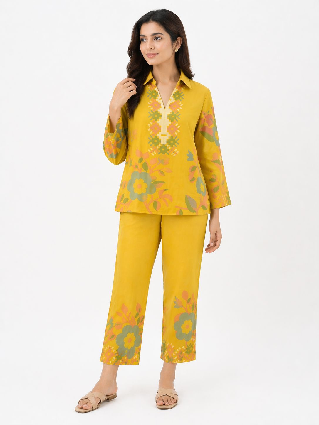 Women Yellow Crepe Co-Ord Set | Printed Top with Straight Pants | Lightweight Stylish Casual & Summer Wear Set
