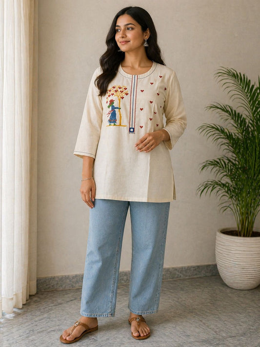 Women Cotton Short Kurti Top | Embroidered Ethnic Tunic | Casual Summer Wear Kurta for Daily Use