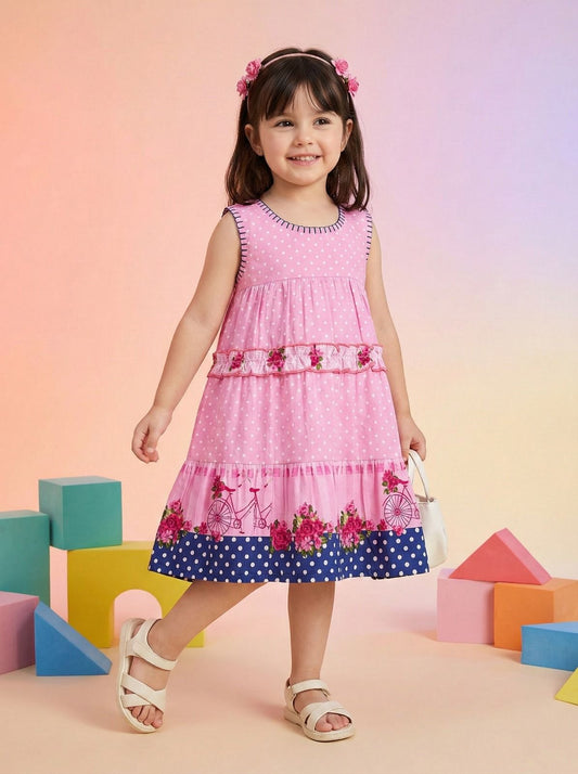 Girls Cotton Summer Dress Pink Floral Printed Sleeveless Kids Casual Party Wear Frock