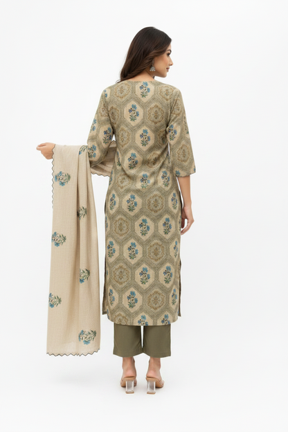 Women Chanderi Khanta Work Kurti Set with Dupatta & Pants | Embroidered Ethnic Suit Beige