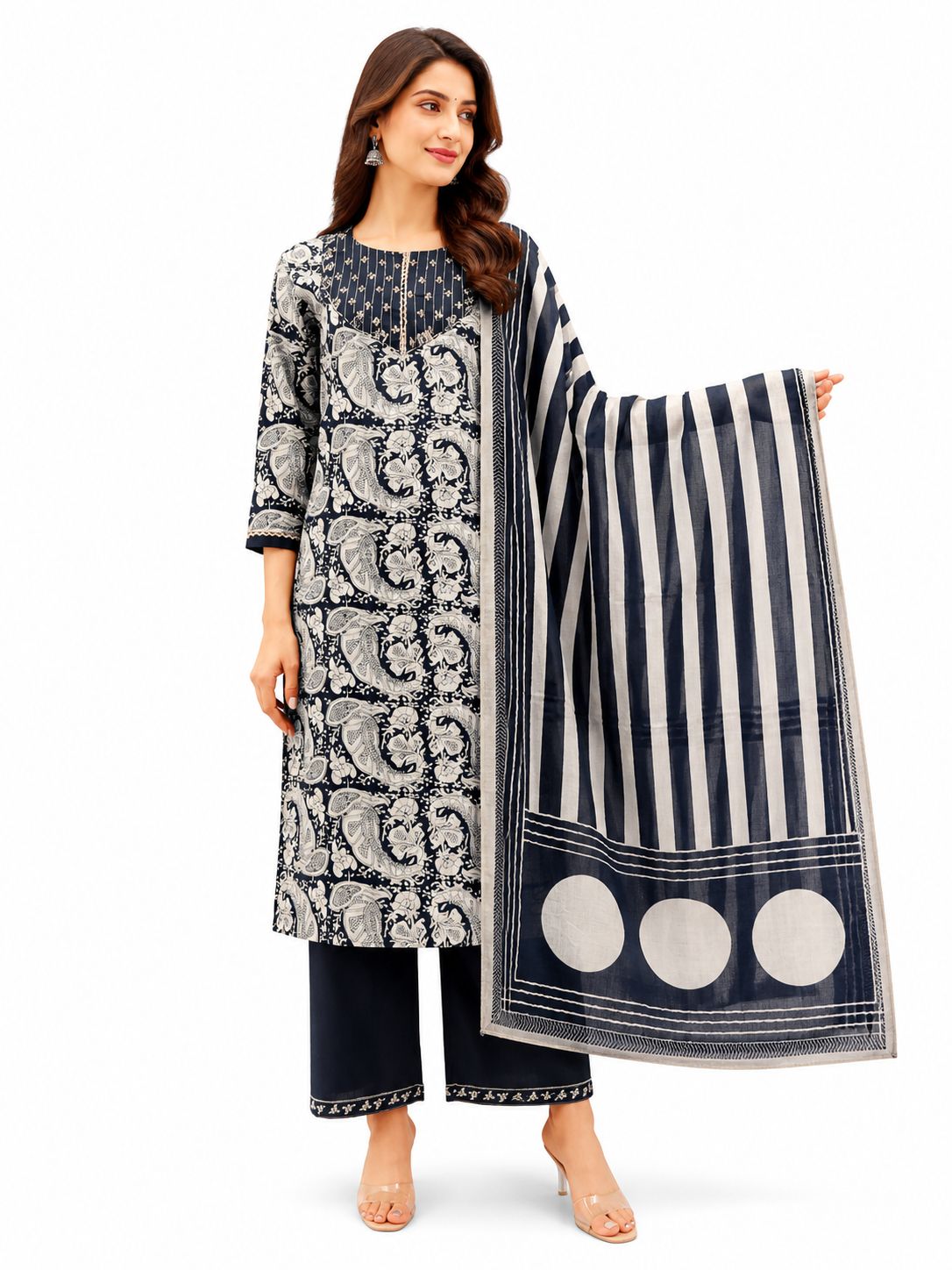 Women Ottoman Cotton Printed Kurti Set with Dupatta & Pants | Black Ethnic Suit Daily Wear