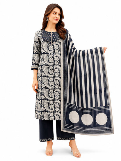 Women Ottoman Cotton Printed Kurti Set with Dupatta & Pants | Black Ethnic Suit Daily Wear