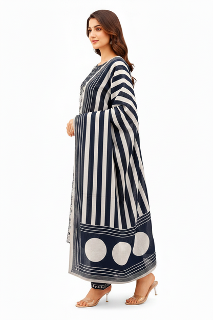 Women Ottoman Cotton Printed Kurti Set with Dupatta & Pants | Black Ethnic Suit Daily Wear