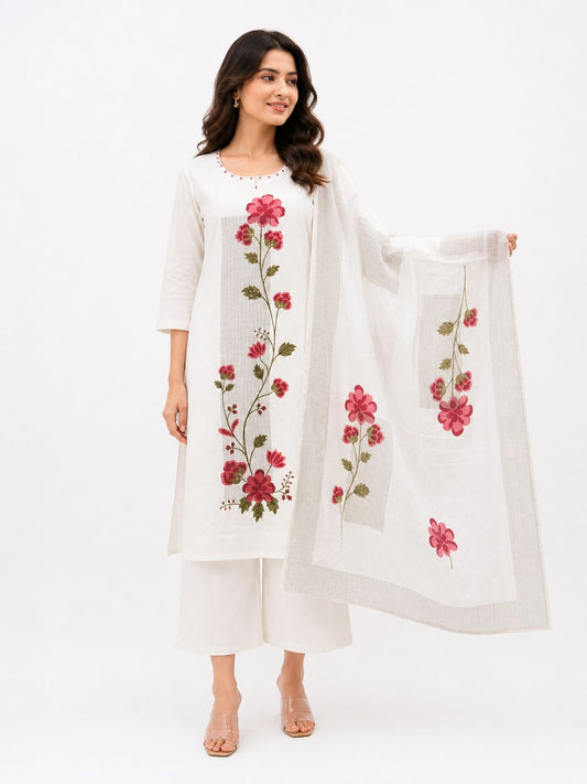 Women Cotton Embroidered Kurti Set with Dupatta & Pants | White Floral Ethnic Suit Summer Wear