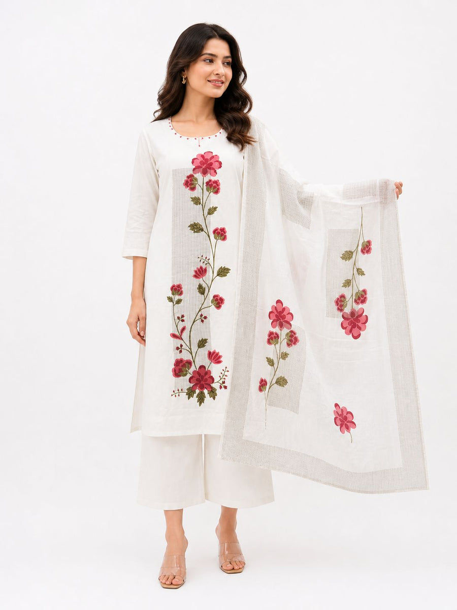 Women Cotton Embroidered Kurti Set with Dupatta & Pants | White Floral Ethnic Suit Summer Wear