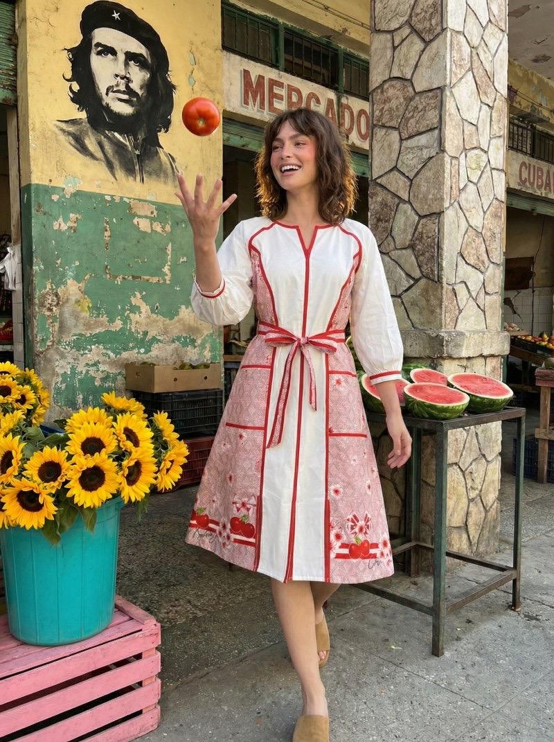 Women Cotton Printed Midi Dress with Tie-Up Waist | White & Red Floral Summer Casual Dress