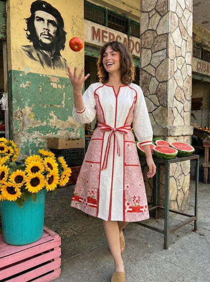 Women Cotton Printed Midi Dress with Tie-Up Waist | White & Red Floral Summer Casual Dress