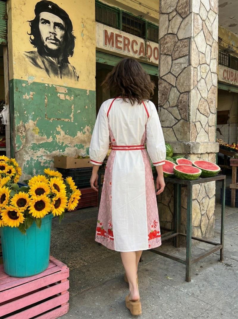 Women Cotton Printed Midi Dress with Tie-Up Waist | White & Red Floral Summer Casual Dress