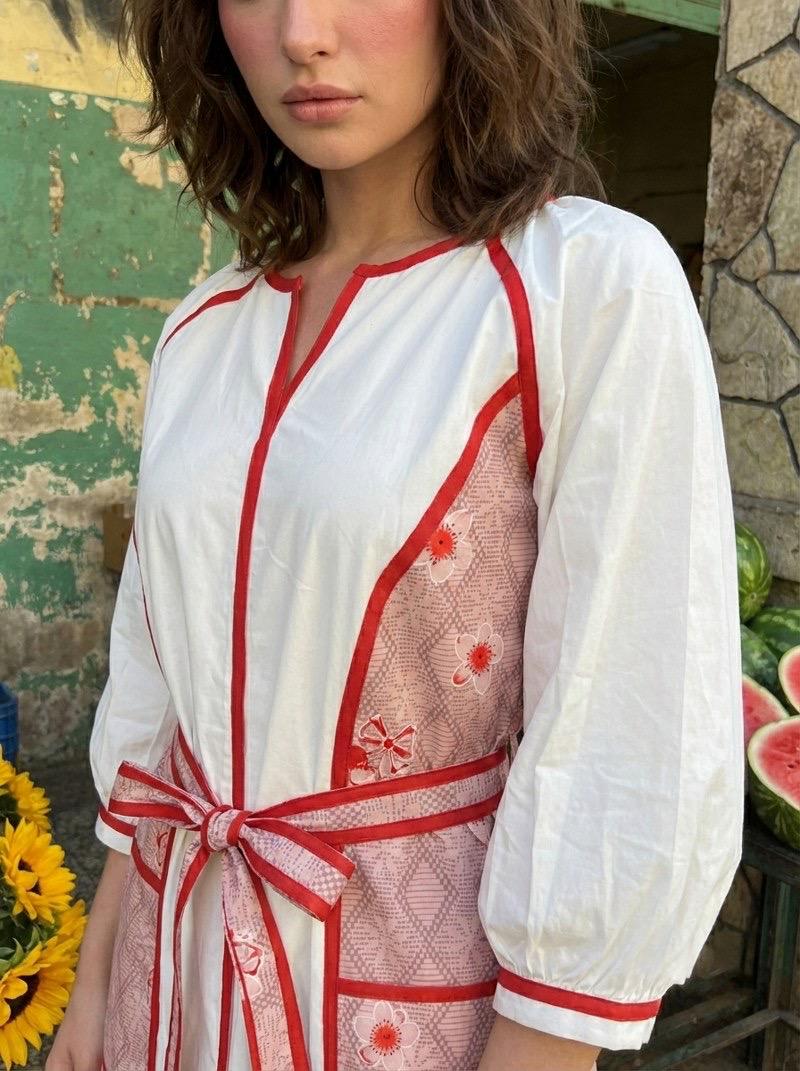 Women Cotton Printed Midi Dress with Tie-Up Waist | White & Red Floral Summer Casual Dress