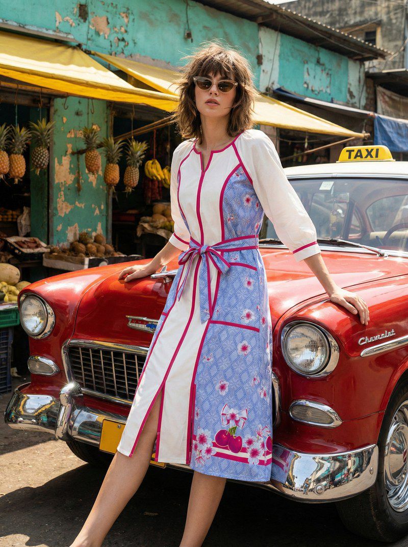 Women Cotton Printed Midi Dress with Tie-Up Belt | White & Blue Floral Summer Casual Dress