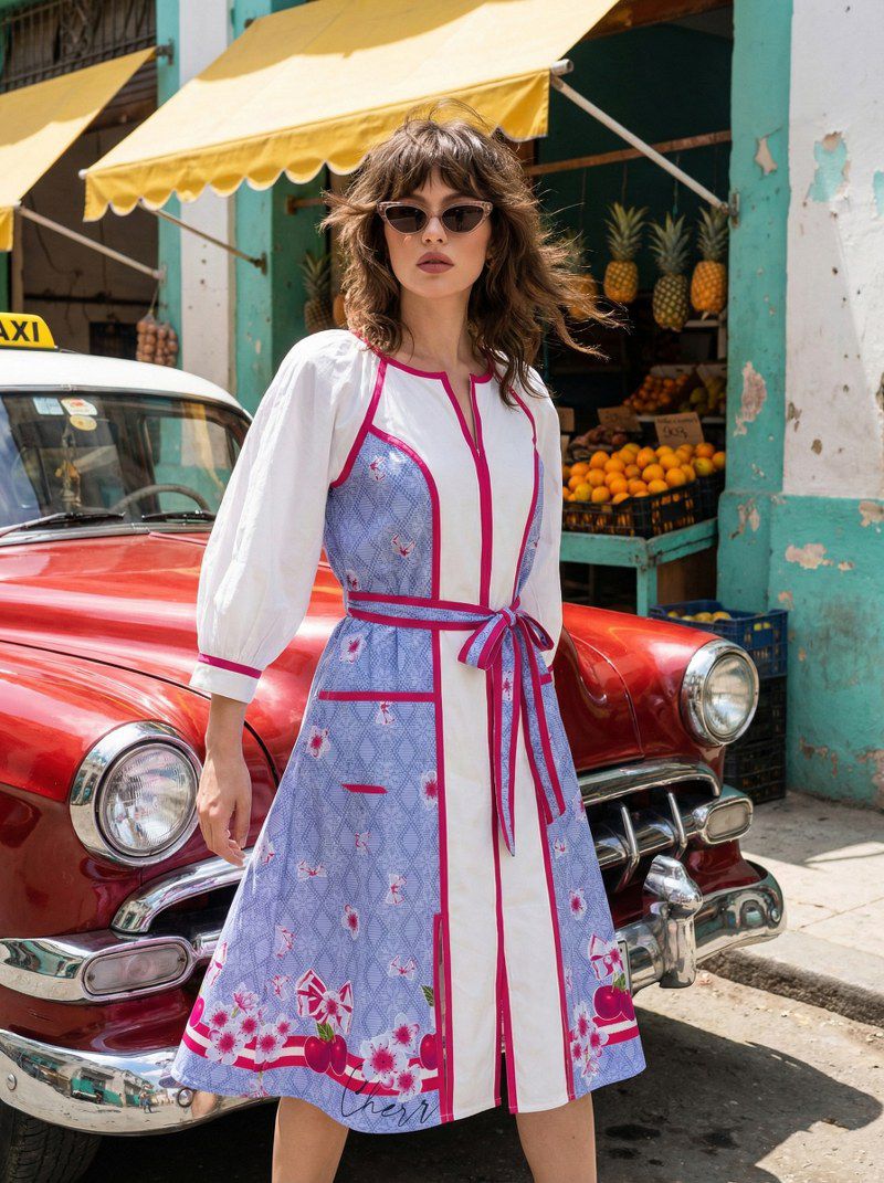 Women Cotton Printed Midi Dress with Tie-Up Belt | White & Blue Floral Summer Casual Dress