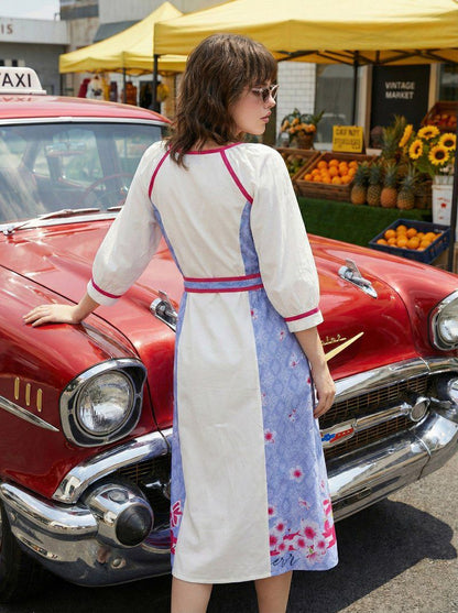 Women Cotton Printed Midi Dress with Tie-Up Belt | White & Blue Floral Summer Casual Dress