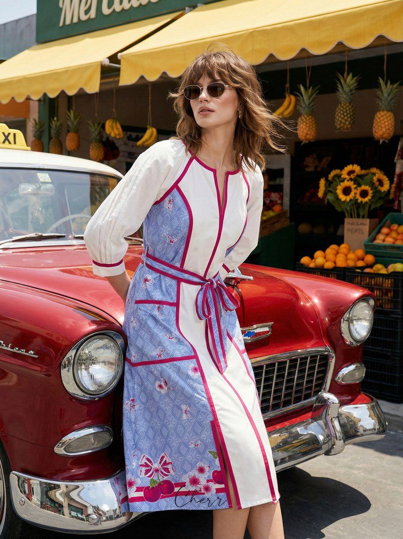 Women Cotton Printed Midi Dress with Tie-Up Belt | White & Blue Floral Summer Casual Dress
