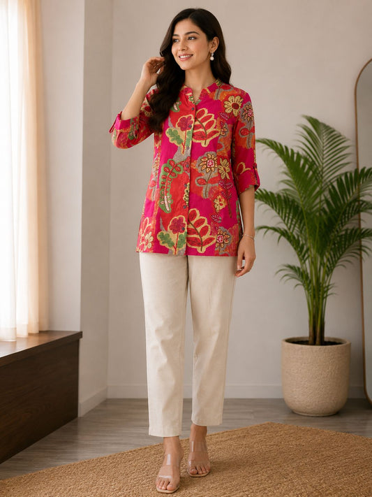 Women’s Rayon Printed Short Kurti – Floral Mandarin Collar Casual Tunic Top for Women