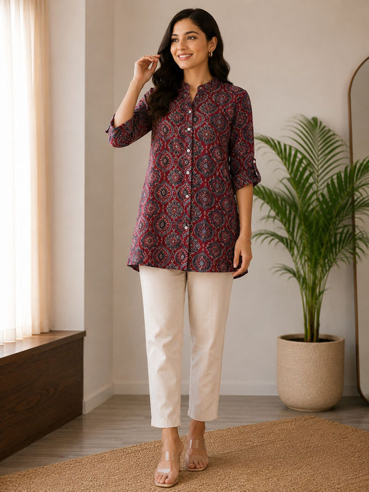 Women’s Printed Short Kurti – Ethnic Mandarin Collar Tunic Top for Women Casual Wear