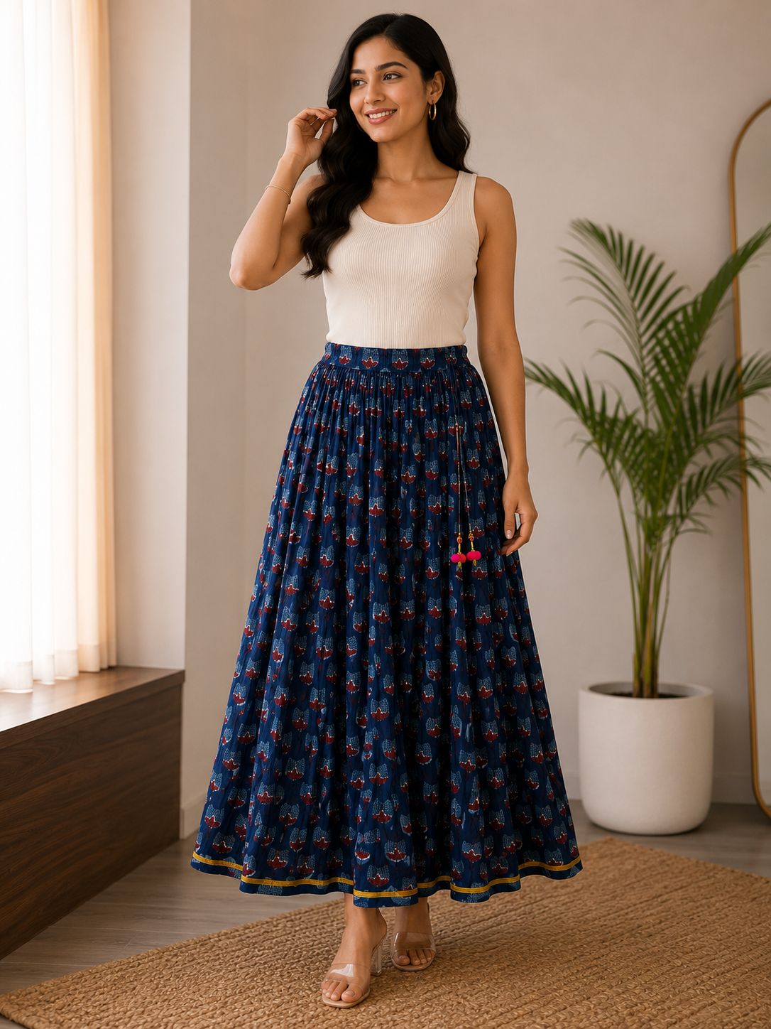 Women’s Pure Cotton Printed Flared Maxi Skirt for Women | Elastic Waist Ethnic Long Skirt | Casual & Festive Wear