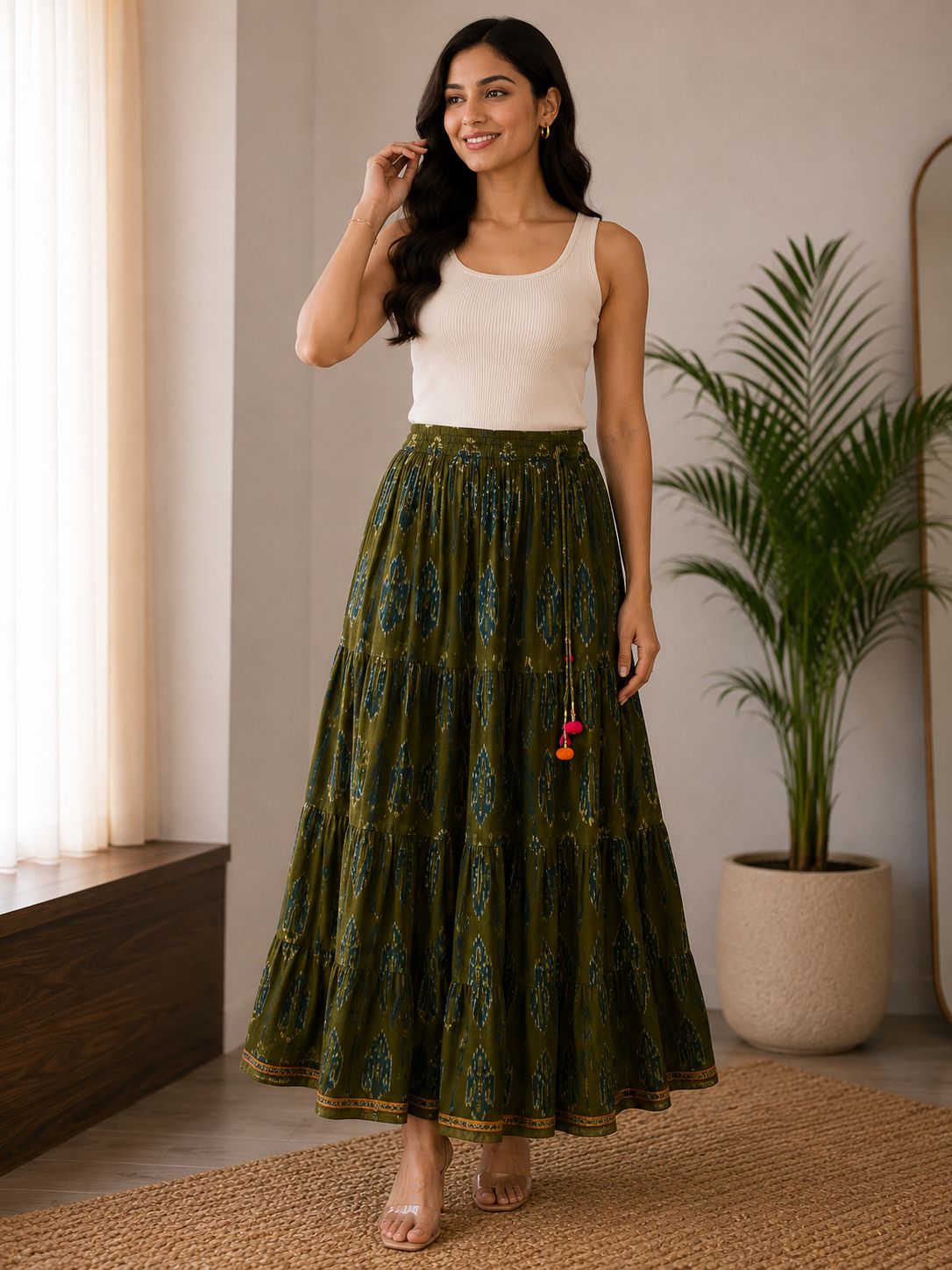 Women’s Pure Cotton Printed Flared Maxi Skirt for Women | Elastic Waist Long Ethnic Skirt | Casual & Festive Wear