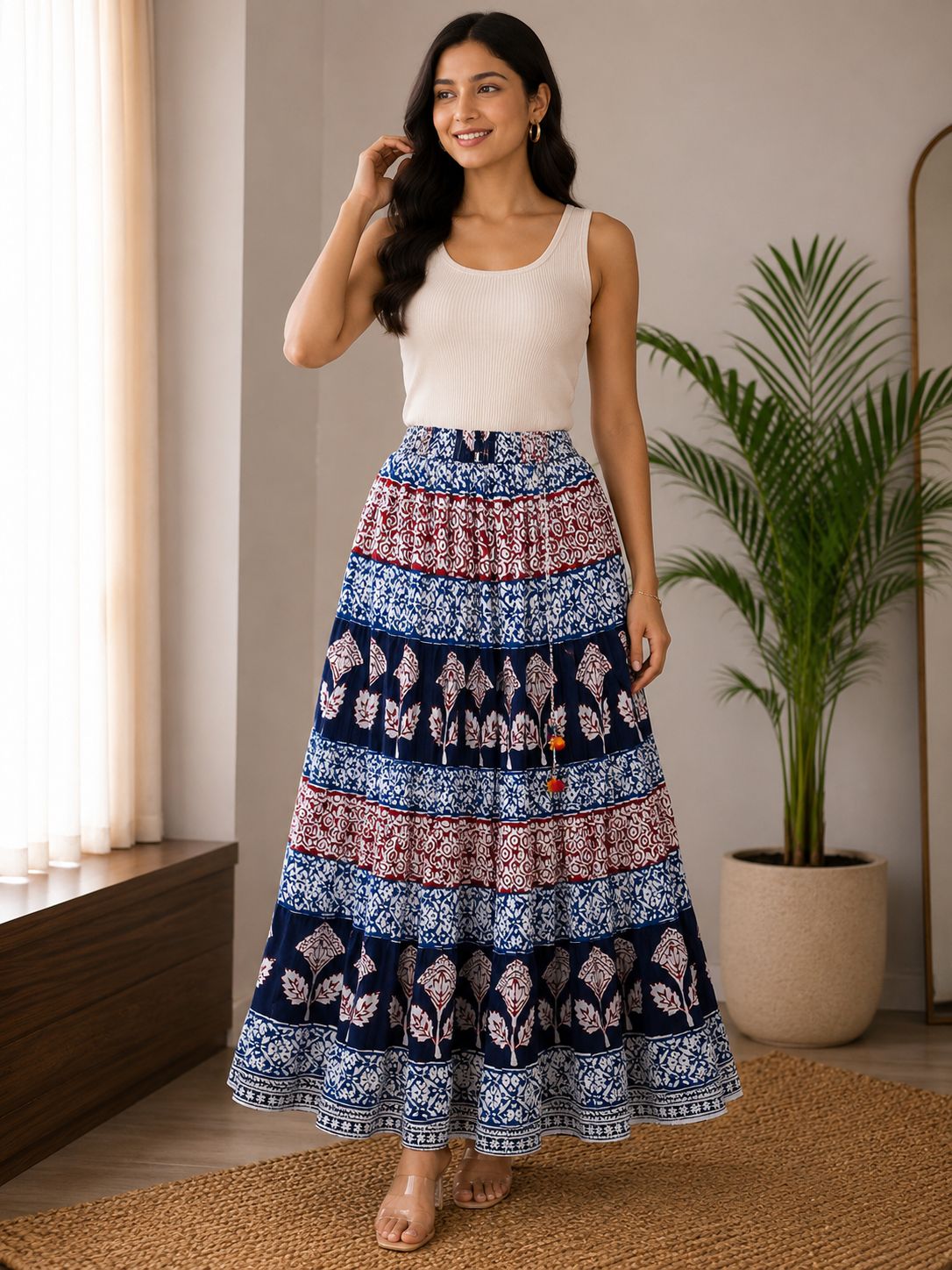 Women’s Pure Cotton Printed Flared Maxi Skirt | Ethnic Boho Long Skirt with Elastic Waistband for Casual & Festive Wear