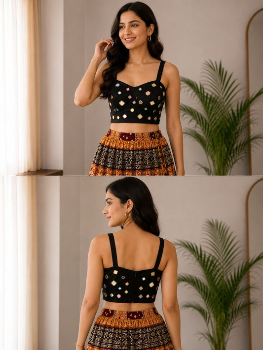 Women’s Silk Mirror Work Blouse for Saree & Lehenga – Designer Sleeveless Party Wear Crop Blouse for Women