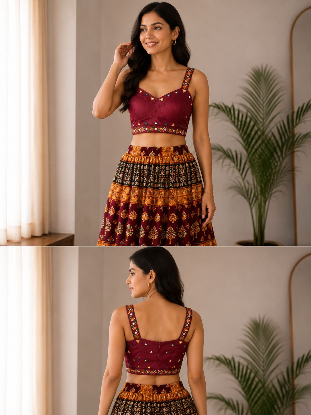 Women’s Maroon Silk Mirror Work Blouse Free Size – Designer Sleeveless Ethnic Crop Blouse for Saree & Lehenga